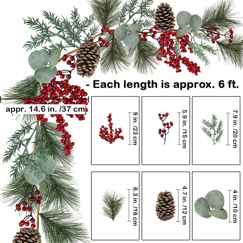 windiy 6' Long Christmas Artificial Pine Needle Garland Wired Rustic Twig Vine Birch with Assorted Faux Red Berries Eucalyptus Leaves Natural Pine Cones Fir Sprigs Holiday Season Winter Decor - Image 2